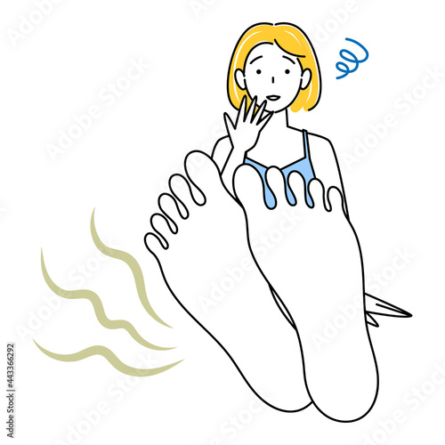 スキンケア 自分の足が臭くて驚き悲しんでいる可愛い女性 足裏のアップ イラスト ベクター