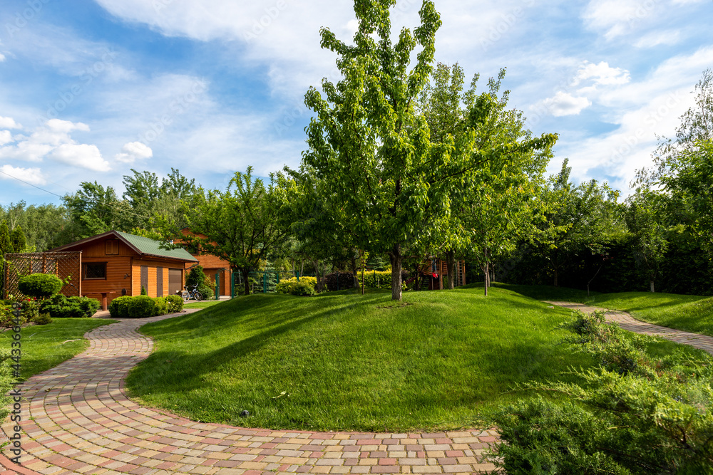 Scenic view yard garden trees and paved stone path road for walk against beautiful blue sky. Landscape design green lawn turf hills and plants irrigated with smart autonomous sprayers at bright day