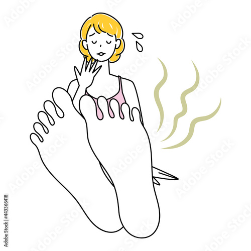スキンケア 自分の足が臭くて驚き悲しんでいる可愛い女性 足裏のアップ イラスト ベクター