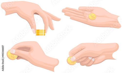 Set of hands with coins isolated on white background. Money donation, charity, investment. Profit, income, salary increase. Finance, trade, bank transactions. Hands holding gold dollar pennies