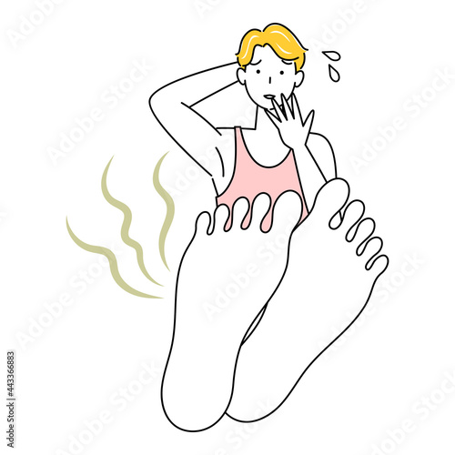 スキンケア 自分の足が臭くて驚き悲しんでいる可愛い男性 足裏のアップ イラスト ベクター
