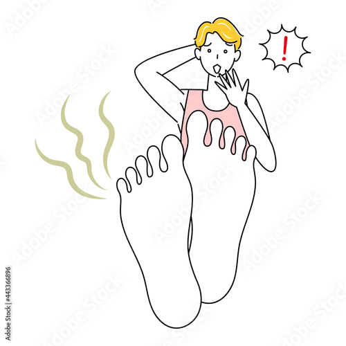 スキンケア 自分の足が臭くて驚き悲しんでいる可愛い男性 足裏のアップ イラスト ベクター