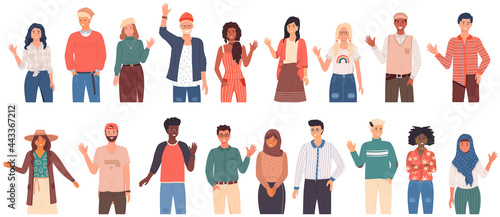 People greeting gesture. Different nations representatives waving hand saying hi. Men, women say hello. People waving hands and gesturing in friendly way. Characters wave their hand and say welcome hi
