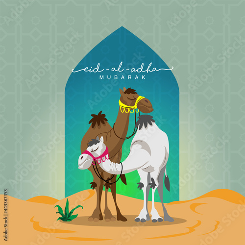 Islamic festival of Sacrifice, Eid-Ul-Adha Concept with Camels. Eid-Al-Adha Mubarak Background. 