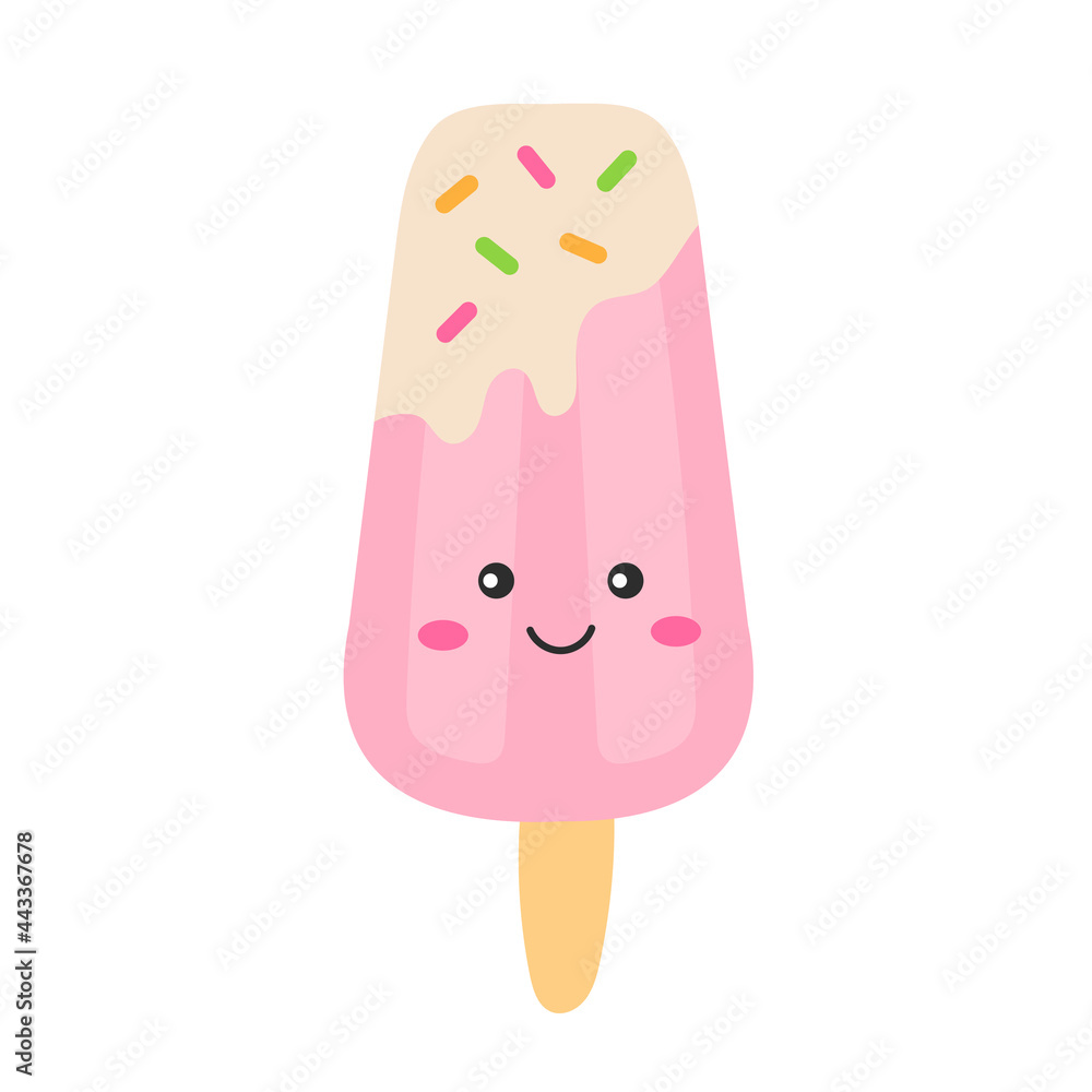 Cute pink popsicle with colorful sprinkles on white background. Funny smile faces. Kawaii cartoon style. Flat vector illustration. Cute pink popsicle with colorful sprinkles on white background. Funny smile faces. Kawaii cartoon style. Flat vector illustration.