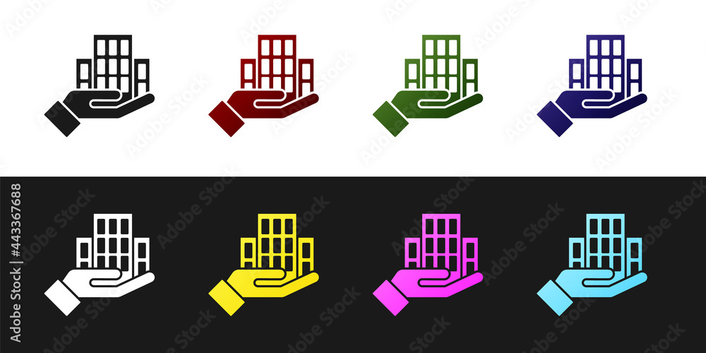 Set Skyscraper icon isolated on black and white background. Metropolis architecture panoramic landscape. Vector