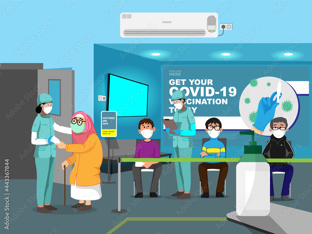 Get Vaccinated Concept with people waiting for their turns outside Vaccination Center. Vaccination Awareness Background. Get Vaccinated Concept with people waiting for their turns outside Vaccination Center. Vaccination Awareness Background.
