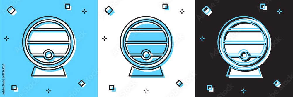 Set Wooden barrel on rack with stopcock icon isolated on blue and white, black background. Vector Set Wooden barrel on rack with stopcock icon isolated on blue and white, black background. Vector