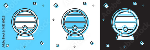 Set Wooden barrel on rack with stopcock icon isolated on blue and white, black background. Vector