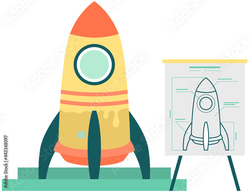 Launching new project. Business startup with spaceship. Rocket launch planning and modeling. Layout creation for project development. 3d model of rocket on pedestal isolated on white background