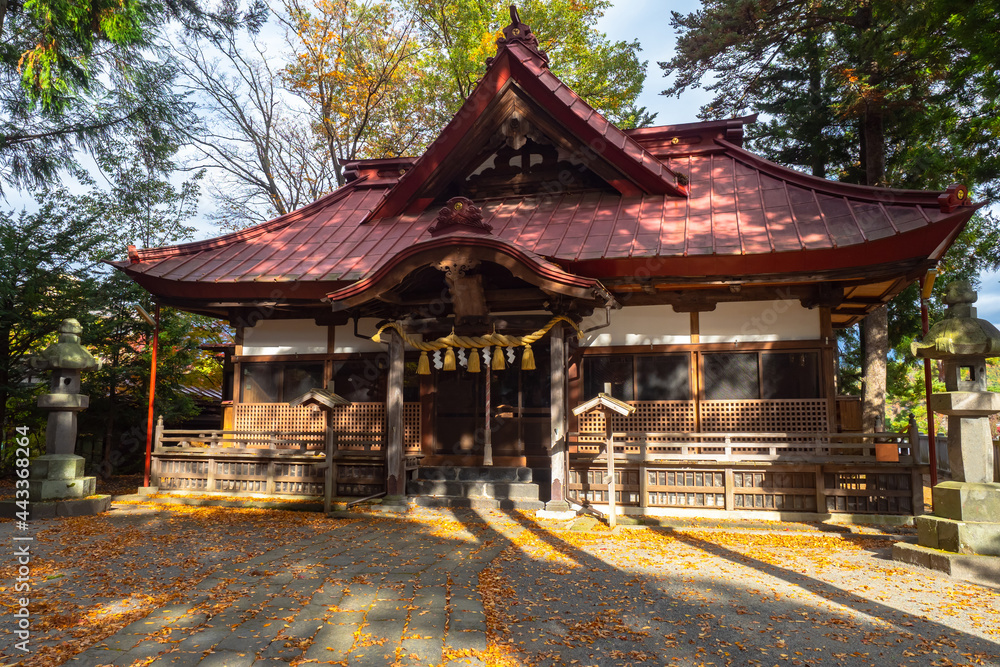 One-story Shrine in Fujikawaguchiko city. Buddhist temples in Japan. Sights of Japanese cities. Architecture of Japanese province. Traditional japanese architecture. Religion in Japan One-story Shrine in Fujikawaguchiko city. Buddhist temples in Japan. Sights of Japanese cities. Architecture of Japanese province. Traditional japanese architecture. Religion in Japan