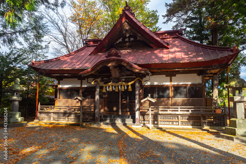 One-story Shrine in Fujikawaguchiko city. Buddhist temples in Japan. Sights of Japanese cities. Architecture of Japanese province. Traditional japanese architecture. Religion in Japan