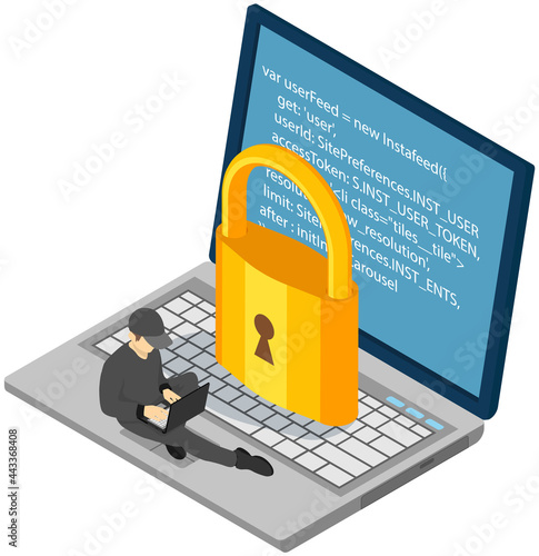 Programmer man working on computer near big lock. Male character in black clothes works with laptop, creates program code, security, protection system. IT specialist is engaged in programming