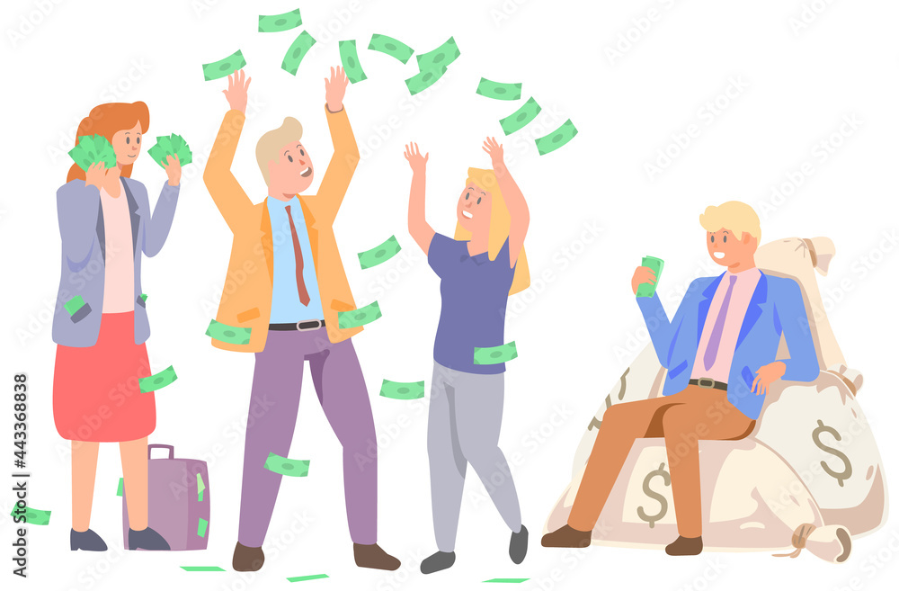 Obraz premium People jump and enjoy wealth. Successful characters have fun in rain of money. Banknotes, dollars are falling on rich women and men. Businesspeople scatter money. Enjoyment of success and wealth