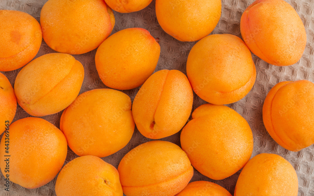 Ripe apricots sprinkled on a napkin.