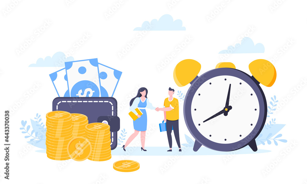 Time is money or saving money business concept. Tiny people shaking ...