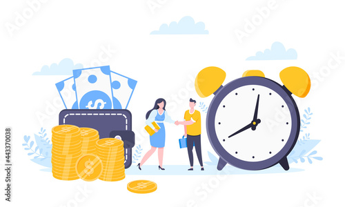 Time is money or saving money business concept. Tiny people shaking hands between money and clock symbols. Time management flat style vector illustration isolated on white background. photo