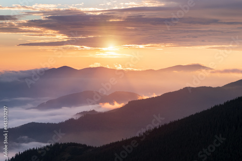 Beautiful sunrise on the spring foggy morning. Landscape with high mountains. Panoramic view. Nature scenery. Wallpaper background. Location Carpathian, Ukraine, Europe. Wallpaper background. © Vitalii_Mamchuk
