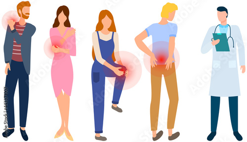 Sad people suffering from pain in joints. Painful sensations of sick people. Men and women grabs their hands to sore knee, elbow, back, shoulder. Patients with sore joints in consultation with doctor
