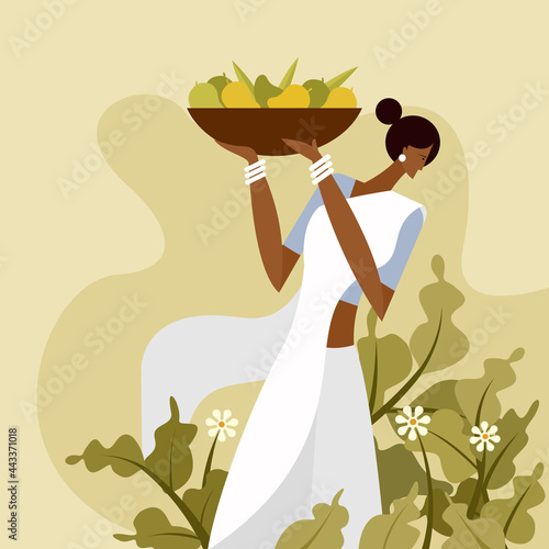 Illustration of an Indian traditional woman holding a basket of mango fruits 