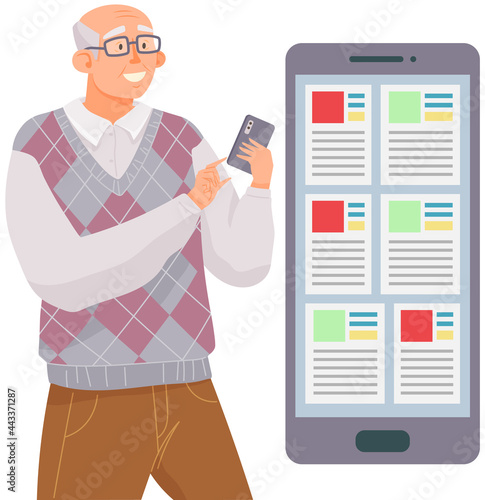 Elderly man with smartphone is communicating during walk. Male character is looking at screen of mobile device. Old character is chatting online via internet. Person uses technology to communicate