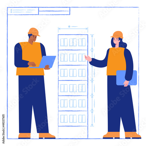 Team of architects working with construction drawing of future multi-storey building. Engineers designs house and making measurements. Real estate business. Vector illustration scene with characters