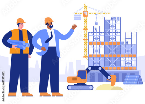 Construction site concept. Foreman and architect with project plans looking at building house. Builders assembles metal structures, excavator digs. Vector illustration scene with people characters