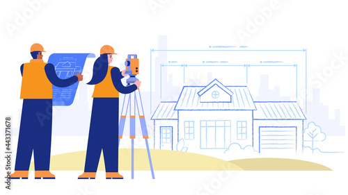 Construction site concept. Architect holds drawing, surveyor does research. Schematic plan of facade of house with measurements. Real estate business. Vector illustration scene with people characters
