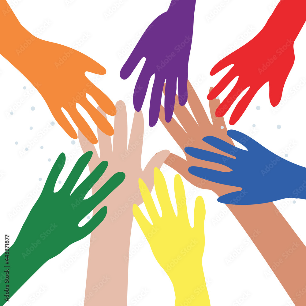 Vector illustration of the LGBT community. Hands of different colors. LGBTQ symbolism. Human rights and tolerance. Unity of people with different cultures and views. concept of peace and friendship