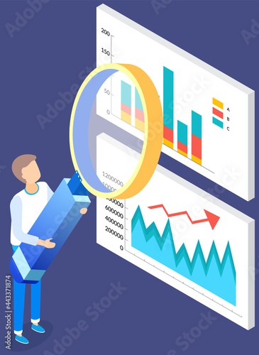 Visualize with business analytics. People work with statistical data analysis, changing indicators. Employees analyze statistical indicators, business data. Characters work with marketing research