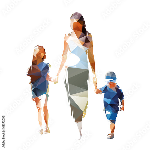 Mom walking with the kids and holding hands. Mother with daughter and son. Isolated vector silhouette, low polygonal drawing from triangles, front view