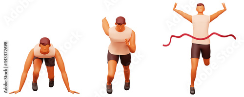 3D render of man running from starting to end point on white background. 
