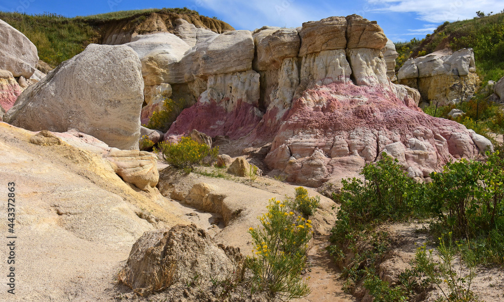 yellow wildflowers and the fantastically-colored and eroded hoodoos paint mine on a sunny day, near calhan, el paso county, colorado