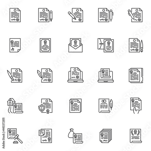 Agreement, contract line icons set