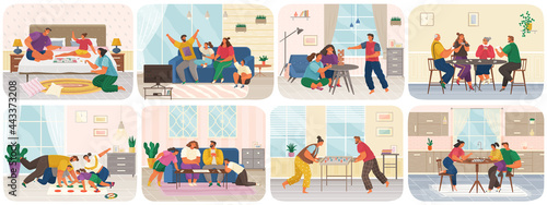 Set of illustrations about friendly family with board games at home. Parents and children spend time at home together. People rest during playing game in apartment. Home activities and entertainment