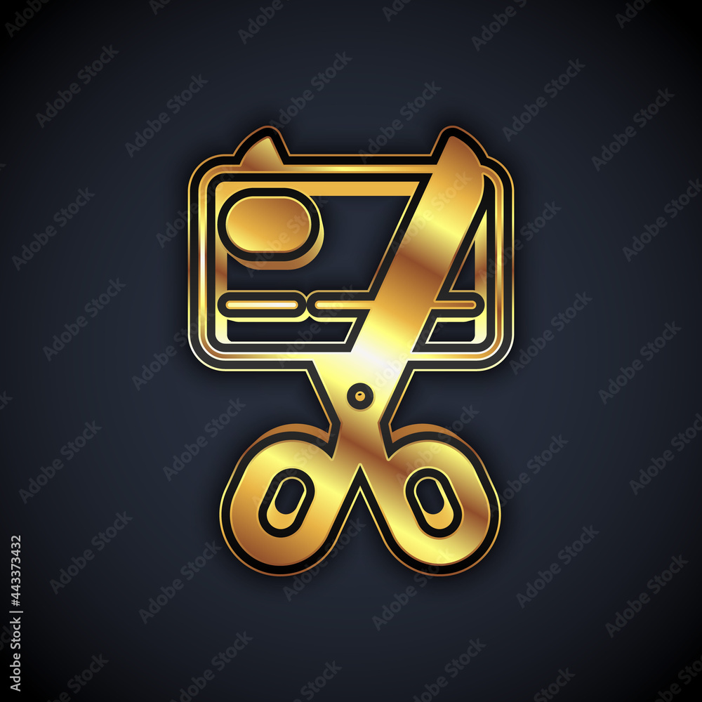 Gold Scissors cutting a credit card icon isolated on black background. Online payment. Cash withdrawal. Financial operations. Shopping sign. Vector Gold Scissors cutting a credit card icon isolated on black background. Online payment. Cash withdrawal. Financial operations. Shopping sign. Vector