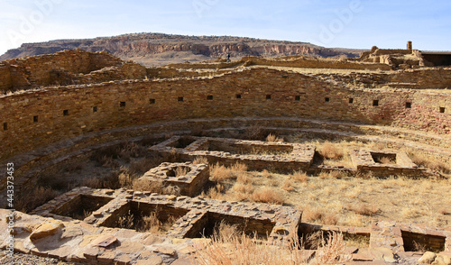 the ancient native american ruins of pueblo bonito in chaco culture national historical park on a sunny winter day near farnmington, new mexico