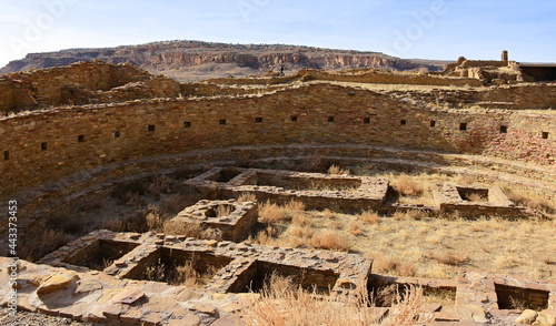 the ancient native american ruins of pueblo bonito in chaco culture national historical park on a sunny winter day near farnmington, new mexico photo