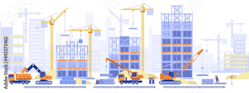 Construction site concept. Builders working on multi-storey buildings, installing pipes for pipeline, loading cranes, architects looking at project plan. Vector illustration scene with tiny characters