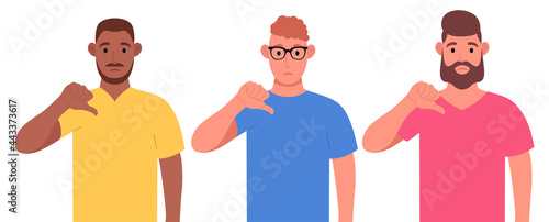 Three different men showing thumbs down sign gesture. Dislike, disagree, disappointment, disapprove, no deal concept. Character set. Vector illustration.