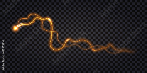 Electric discharge effect. Lightning thunder bolt, electrical shock light impulse. Luminous burst flash and sparkled wires. Isolated on transparent background. Vector illustration