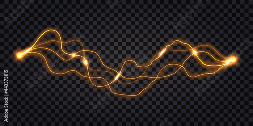 Electric discharge effect, wire circuits with electrical glowing shock light. Yellow power flash. Isolated element on dark transparent background. Vector illustration