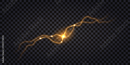 Electric discharge effect. Lightning thunder bolt, electrical shock light impulse. Luminous burst flash and sparkled wires. Isolated on transparent background. Vector illustration