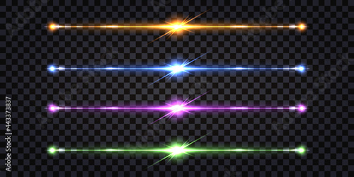 Set of colorful electric discharge light effect. Glowing line wires with flash and shiny stripes.  Thunder bolt, lightning collision, colorful impulses. Vector illustration