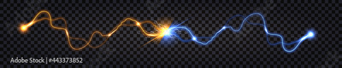 Fotografie, Obraz Electric discharge collision, blue vs yellow lightning thunder bolt
