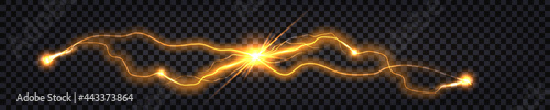 Electric discharge shock effect. Lightning collision, two vs impulse waves. Yellow light,  luminous thunder bolts, glowing flash sparkling electricity. Vector illustration