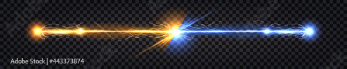 Electric discharge collision, blue vs yellow lightning thunder bolt. Glowing electric shock effect, light flash. Power battle with impulse line wire. Vector illustration