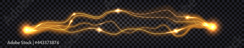 Electric discharge effect, wire circuits with electrical glowing shock light. Yellow power flash. Isolated element on dark transparent background. Vector illustration