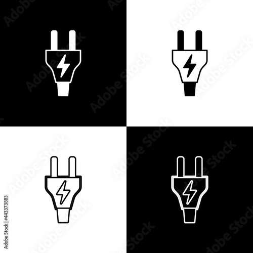 Set Electric plug icon isolated on black and white background. Concept of connection and disconnection of the electricity. Vector