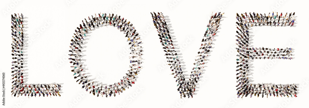 Concept or conceptual large community of people forming the LOVE word. 3d illustration metaphor for romance, passion, valentine day, happiness, relationships, wedding and marriage Concept or conceptual large community of people forming the LOVE word. 3d illustration metaphor for romance, passion, valentine day, happiness, relationships, wedding and marriage